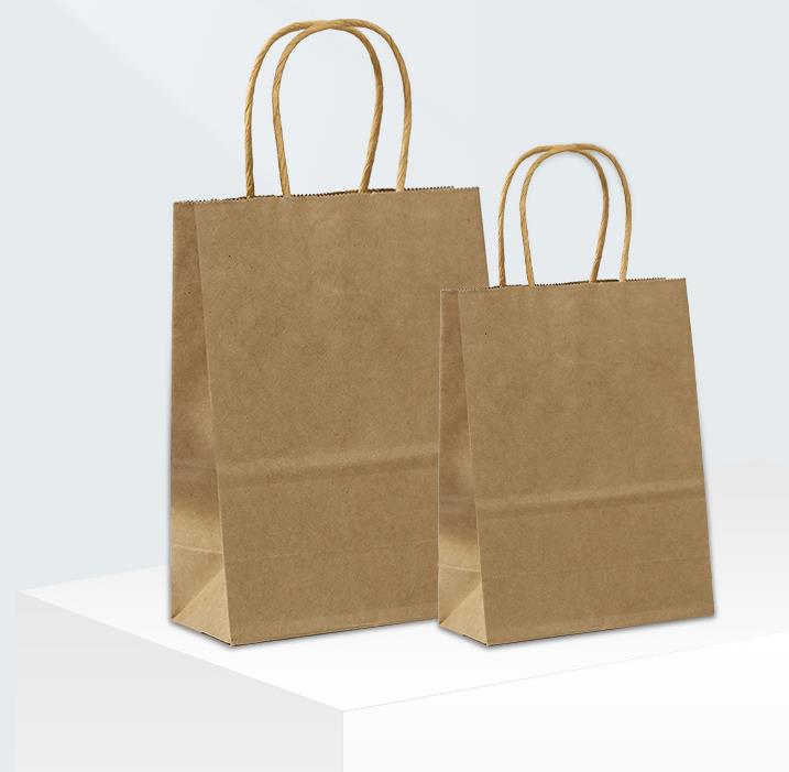 Grossistanpassad logotyp återvinningsbar brun shoppingpåse av kraftpapper med vridet platt handtag